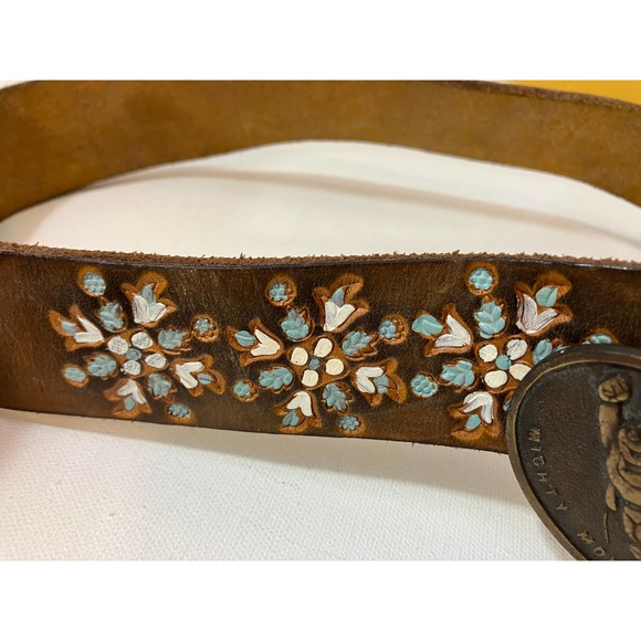 Floral Vintage Painted Leather Belt with Mighty Mouse Belt Buckle M/L - Picture 4 of 7
